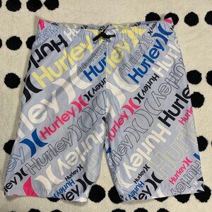 Hurley Board Shorts Boys Large Blue Beach Surf Swim Trunks All Over Print Logo